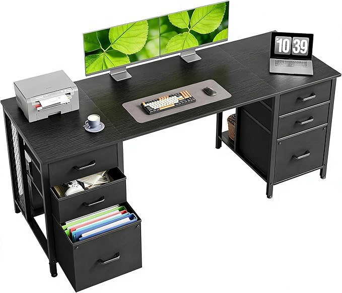Casaottima 63 Inches Computer Desk with 6 Fabric Drawers, Modern Office Desk with Large Storage for Home Office, Study, Black