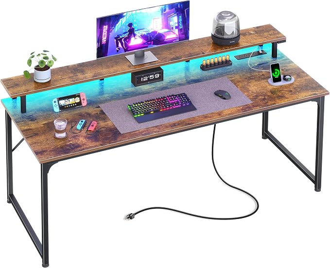 55 inch Gaming Desk, LED & Outlets, Monitor Stand, Rustic Brown | Sturdy PC Desk for Home Office, Study & Work, LED Lights, 4 AC Outlets & USB-C Charging Station