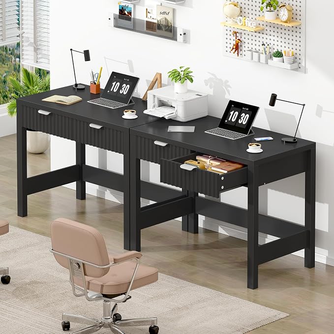 32 Inch Small Fluted Computer Desk with 2 Drawers for Bedroom, Home Office | Small Computer Desk with Drawers, Compact Writing Study Desk Storage for Small Spaces, Black