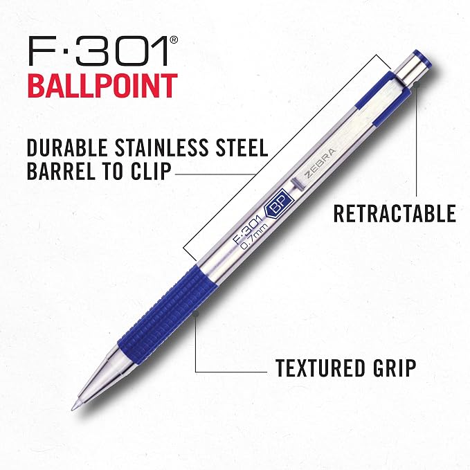 Zebra Pen STEEL F-301 Retractable Ballpoint Pen, Blue Ink, 0.7mm, 6-Pack | Stainless Steel Barrel, Non-Slip Grip, Easy-Glide Ink, Fine Point Tip, Includes a Bonus MILDLINER Highlighter (27193)