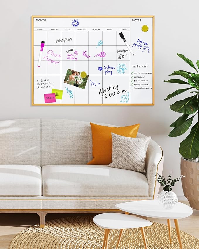 VUSIGN Magnetic Monthly Calendar Whiteboard, 17'' x 23'' Dry Erase Calendar for Wall Office School Home, Gold Wooden Frame