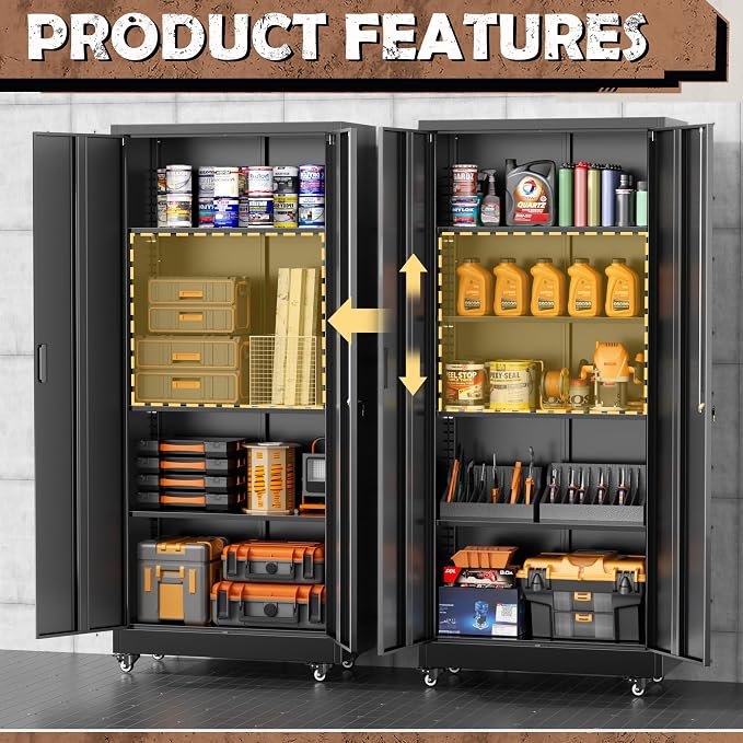 Metal Storage Cabinet with Wheels, 73" Rolling Storage Cabinets with Door and 4 Shelves, Tall Storage Cabinets Locker on Caster for Home, Office, Black
