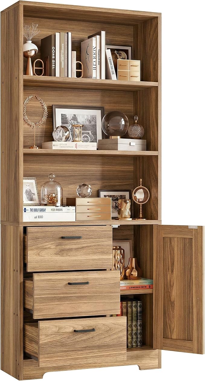 IRONCK 71 in Bookshelf with Doors and Drawers, Industrial Tall Bookcase | Engineered wood with 3-tier shelves, 3 drawers, enclosed storage, anti-tip hardware, 132 lb maximum capacity, for home office