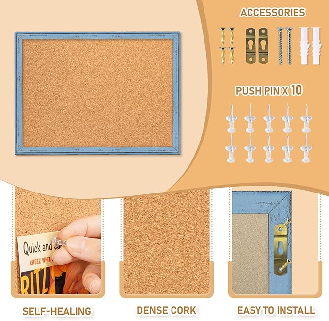 DOLLAR BOSS Cork Boards for Walls, 24 X 18 Inches Bulletin Board Decorative Hanging Pin Board Rustic Wooden Frame Vision Board Notice Board for Office Home Decor, Blue