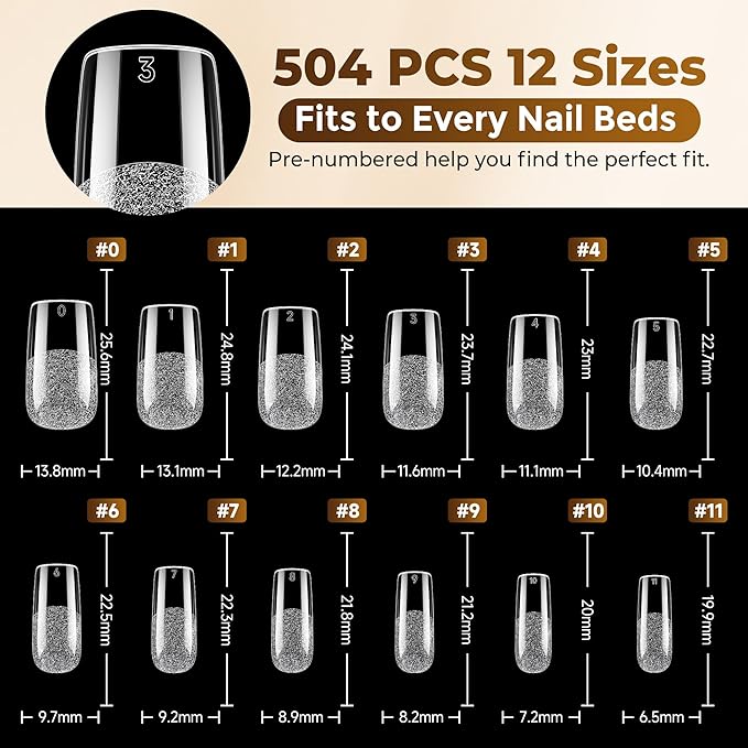 UNA GELLA Square Fake Nails, 504pcs Gel Nail Tips Clear Press on Nails Pre-shape for Full Cover Square Nails French False Nails For Nail Extension Nail Art Home DIY 12 Sizes False Gelly Tips