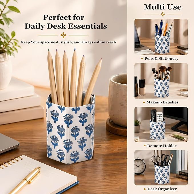 CPC Apatite Blue Block Print Cotton Pen Holder Set of 2 | Boho Makeup Brush Holder Floral Pencil Cup Girls Kids Durable Stand Desk Organizer Storage Floral Office Supplies, Classroom