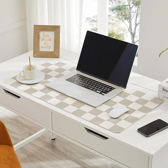 Checkered Desk Mat, Large Cute Aesthetic Retro PU Leather Computer Laptop Desk Mat, Non-Slip Waterproof Mouse Keyboard Pad, Desk Writing Mat for Work/Home (Khaki, 23.6" x 13.7")