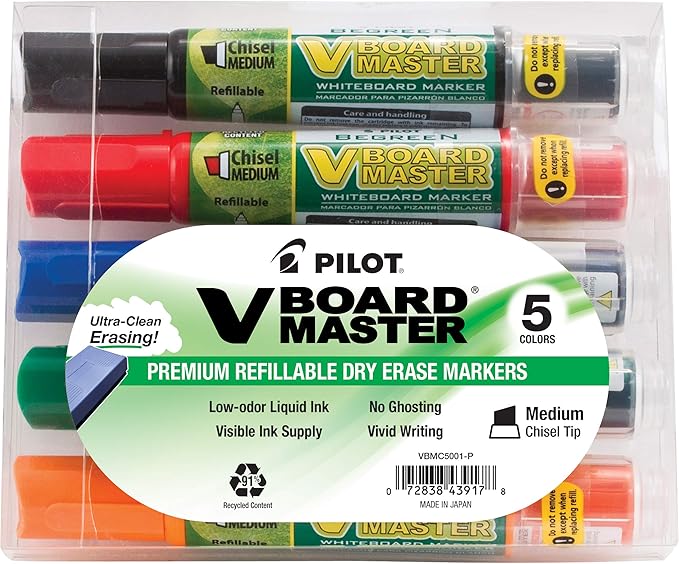 PILOT V Board Master Refillable Dry-Erase Markers, Medium Chisel Tip, Assorted Color Inks, 5 Count