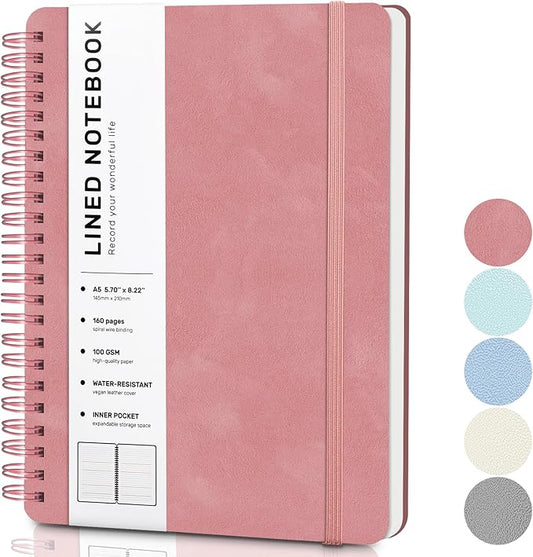 Lined Spiral Journal Notebook, A5 Hardcover Leather Notebook for Work, 5.7''×8.2'', 100GSM Thick Paper Spiral Bound Journaling Notebook for Women Men Office School Note Taking Business, Morandi Pink