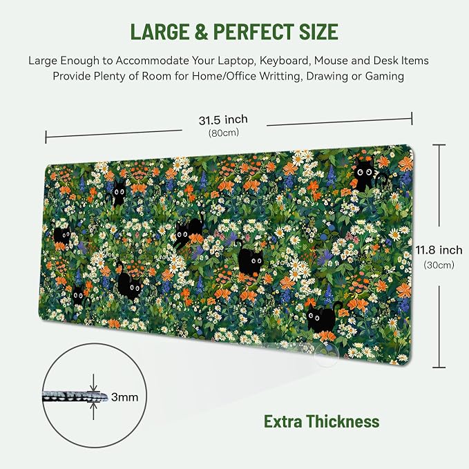 Mousepad Desk Mat Gaming Large Keyboard Cute Office Desktop Computer Laptop Cat Flawer XXL Long Giant Big Kawaii Aesthetic Girly Pretty Design Women Girl Gamer Oversized Wide 30x12'' Mousepad
