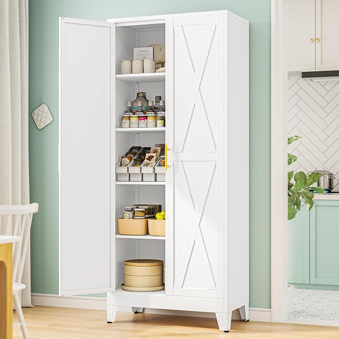PAOFIN 71" H Kitchen Storage Cabinet with Doors | Freestanding Pantry Cabinet,Farmhouse Food Storage Cabinets,Tall Cabinets for Kitchen, Dining Room, Living Room(White)