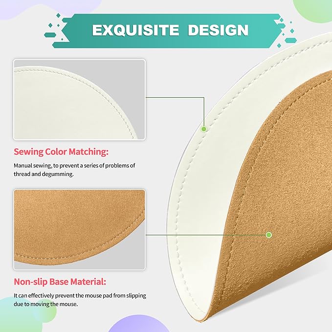 Mouse Pad，Round Mouse Pad，PU Mouse Pad，Leather Mouse Pad with Stitched Edge Micro-Fiber Base with Non-Slip Waterproof，Mouse Pad for Computers，Laptop，9 x 9 Inch (White)