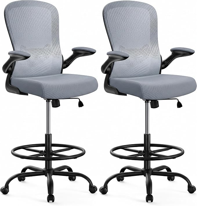 ErGear Drafting Chair,Tall Office Chair with Flip-Up Armrests, High Desk Chair Adjustable Height and Adjustable Footrest Ring, Ergonomic Standing Desk Chair with Lumbar Support, Blue,2 Pack