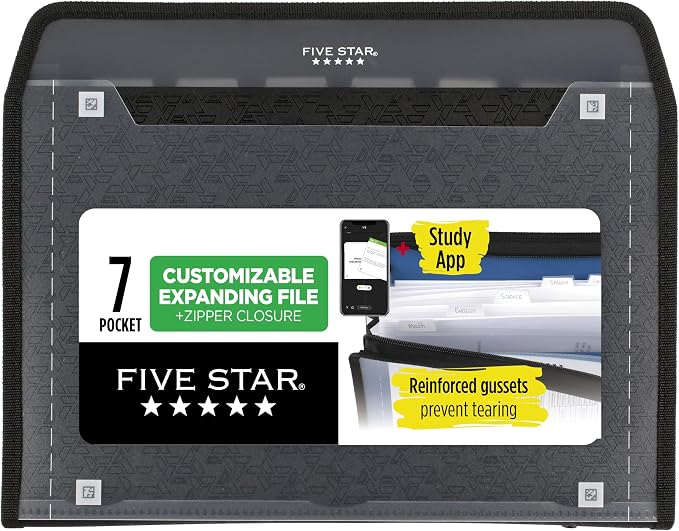 Five Star Expanding File Organizer + Study App, 7-Pocket Accordian File Organizer, Zipper Closure, Holds 8-1/2" x 11" Paper, Black (72709)