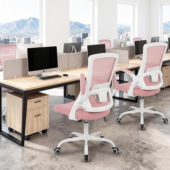 NEO CHAIR Office Desk Mesh Chair with Adjustable Ergonomic Lumbar, Pink | Breathable Mesh Back Support with Flip-Up Armrests and Wide Seat Cushion for Comfortable Home Office Work and Gaming Setup