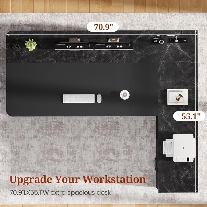 71" Executive Desk, Large Office Desk with Drawers & Storage Shelves, Modern L Shaped Computer Desk Corner Desk with Power Outlets, File Cabinet, Business Furniture Desk Workstation (Black)