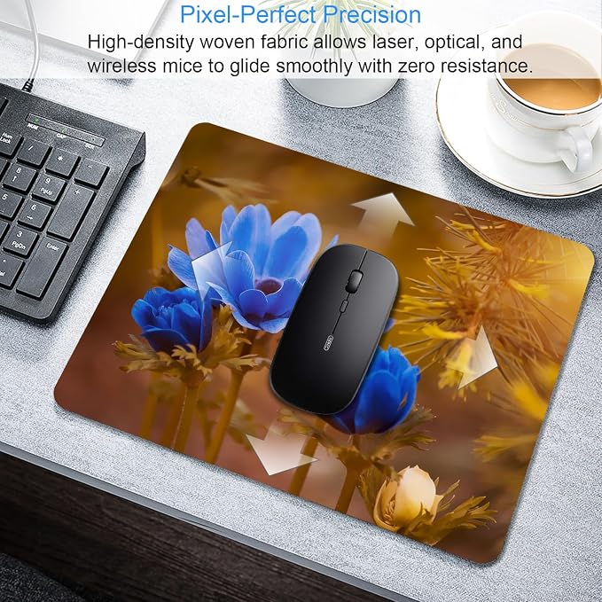 Blue Flower Mouse Pad, 9.5"x7.9" Non-Slip 3mm Small Desk Mat | Personalized printed square mousepad with blue flowers. Clean-cut flush edges & premium smooth cloth for gaming or office.
