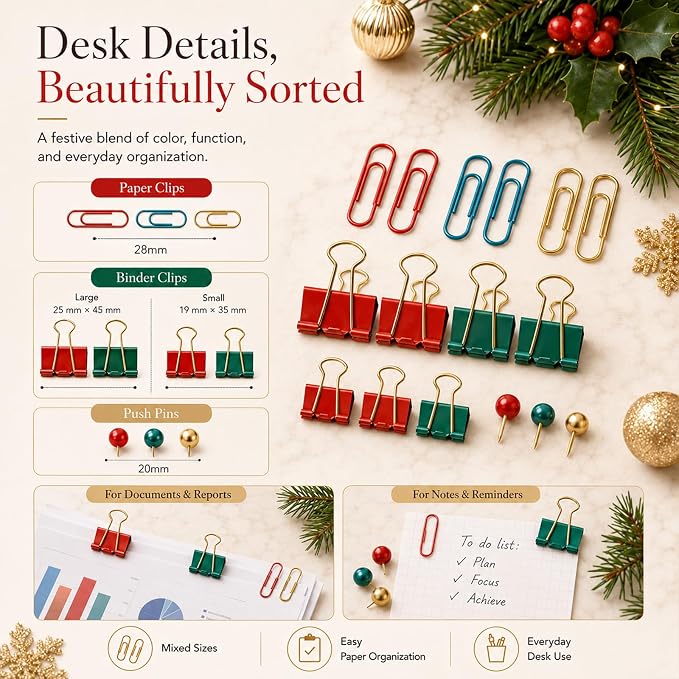 Paper Clips and Binder Clips Set, Green & Red, Assorted Size Clips | 165-Piece Decorative Paper Clip Set, Cute Desk Accessories for School, Home, Office, Desk, Planners and Documents