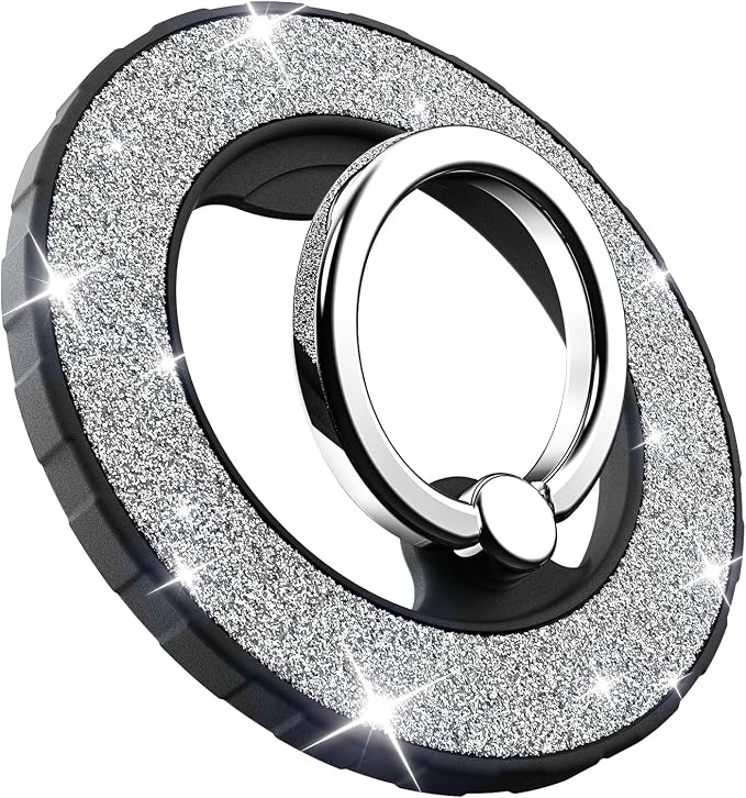 Magnetic Phone Ring Holder for MagSafe, Glitter Magnetic Grip | For iPhone 17 16 15 14 13 12 Pro Max,Pro,Plus,Mini, Pixel 10 Series Mag Safe Accessories,Adjustable Kickstand,Black+Silver