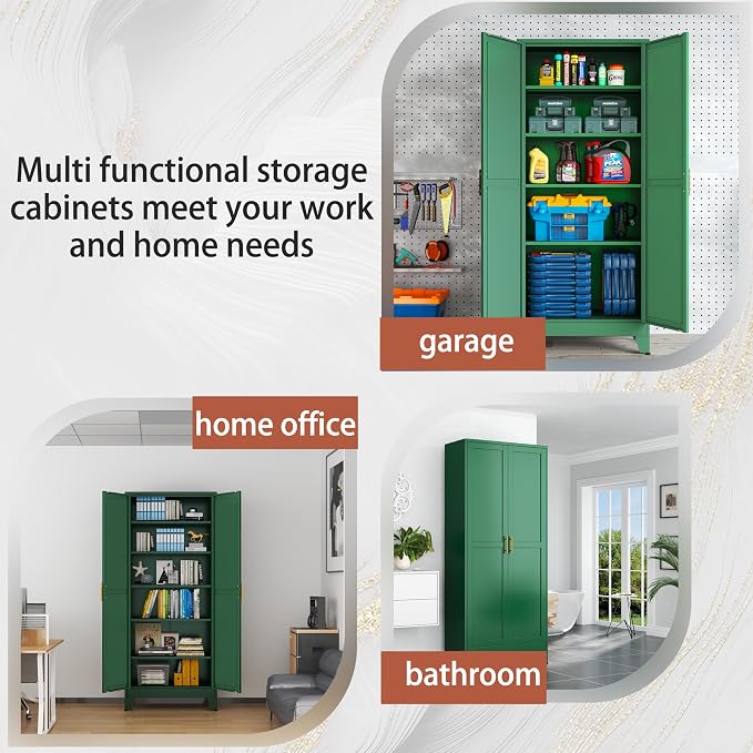 PAOFIN Kitchen Pantry Storage Cabinet with Doors and Adjustable Shelves, Metal ClosetMaid Food Pantry Cabinets, 75" Tall Freestanding Cupboard for Kitchen, Laundry or Utility Room, Green