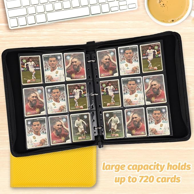 GERMUN 3 Ring 9 Pocket Zipper Card Binder, 720 Double Sided Standard PU Trading Card Album Folder for TCG & Sports Cards, Not Fit Top Loaders (yellow)