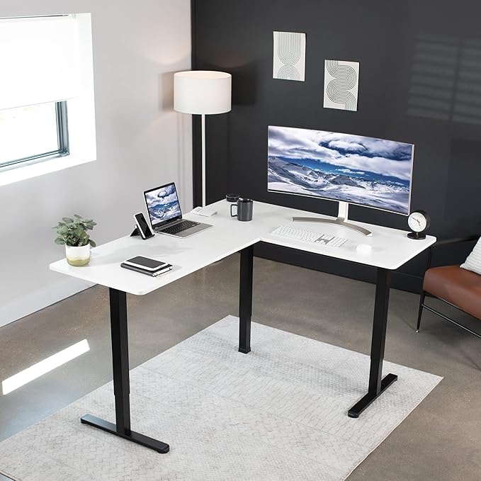 VIVO Corner Standing Desk, 63 x 55 inch Reversible L-Shaped Workstation, Electric Height Adjustment, Home, Office, and Reception Rooms, White Table Top Black Frame, DESK-E3CTBW