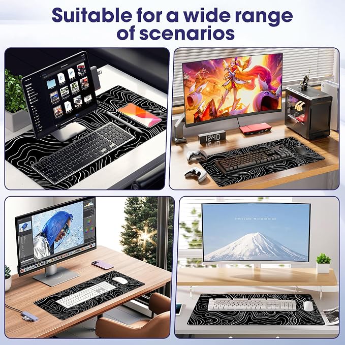 Professional Extended Gaming Mouse Pad - 31.5" x 15.7" Large Desk Mat with Stitched Edges, Waterproof Coating Non-Slip Rubber Base for Gamers Esports Pros Office Home, Black White