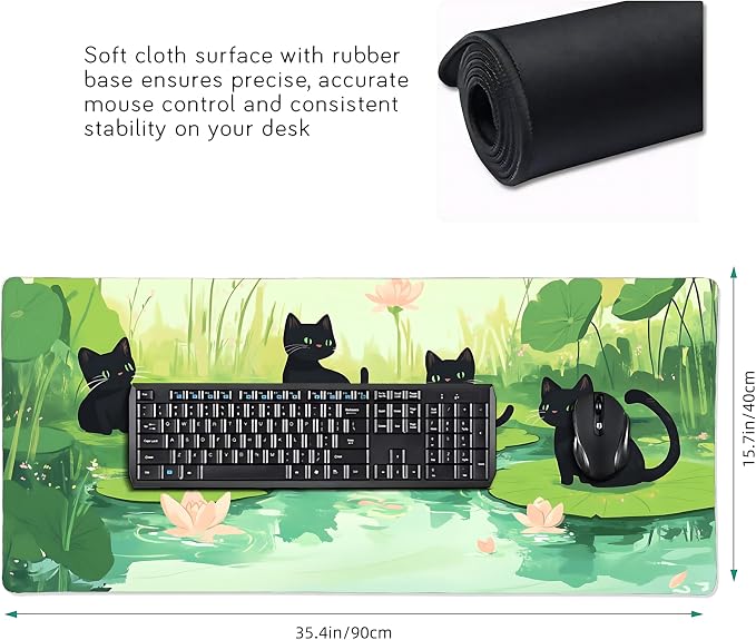 Cute Anime Black Cat Gaming Mouse Pad, Forest Green Anime Desk Mat with Anti-Slip Base & Stitched Edges, Office Supplies & Desk Decor for Women, 35.4" x 15.7" in Home Office Essentials