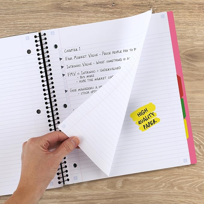 Five Star Advance Spiral Notebook + Study App, 5 Subject, 8.5" x 11" College Ruled Paper, 200 Sheets, Spiral Guard, Movable Tabbed Dividers, Prom Pink (820013R)