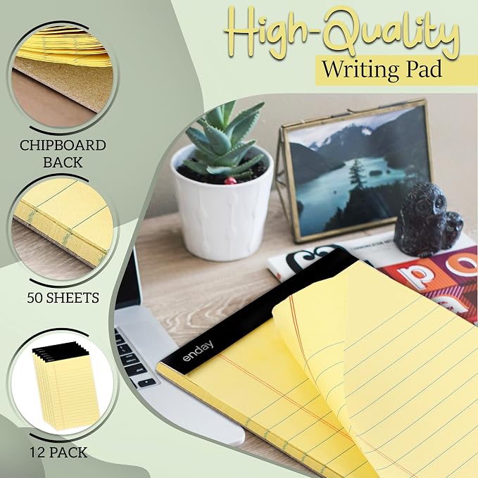 Enday Yellow Legal Pads 8.5 x 11 Inch, (12 Pack) 50 Sheets per Notepad, Note Pads, Legal Ruled Writing Pad with Perforated Pages, Yellow Paper Legal Pad for Work and Note-Taking