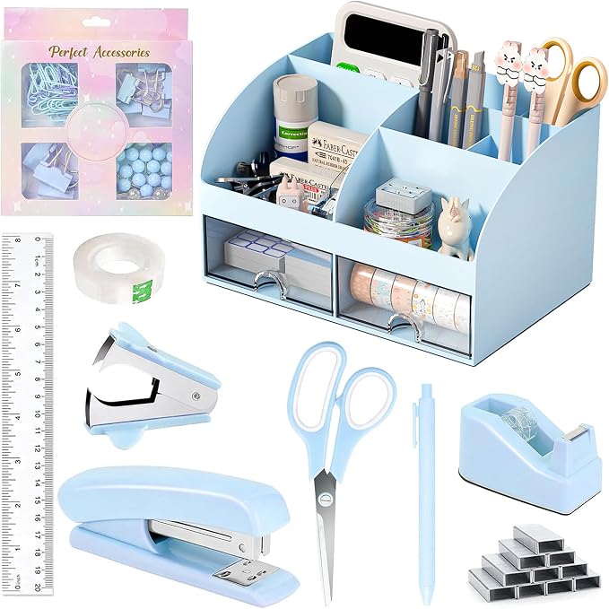 COMFYROOM Desk Accessories with Pen Holder, Office Supplies Desk Organizers and Accessories, Tape Dispenser, Stapler, Staple Remover, Staples, Clips Set, Ruler, Scissor, Pen, Tape (Blue)