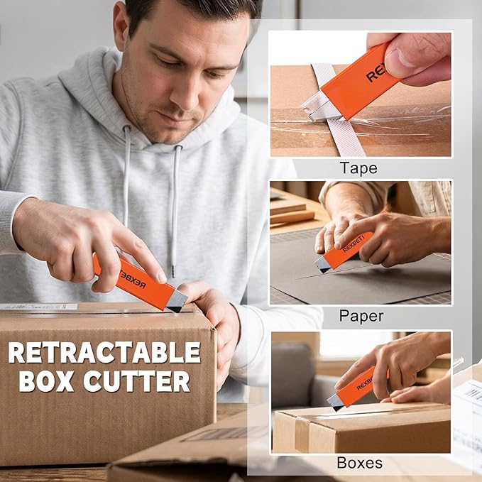 REXBETI 12 Pack Box Cutter, Handy Box Opener, Retractable Utility Knife | All-metal Tough Body & Antirust Blackened Carbon Steel Blades, One-handed Use for Opening Boxes, Packages