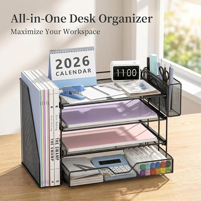 Desk Organizers and Accessories, 4-Tier Desktop File Organizer with Drawer and Pen Holders, Office Desk Accessories Workspace Organizers for Office Supplies (Soft Black)