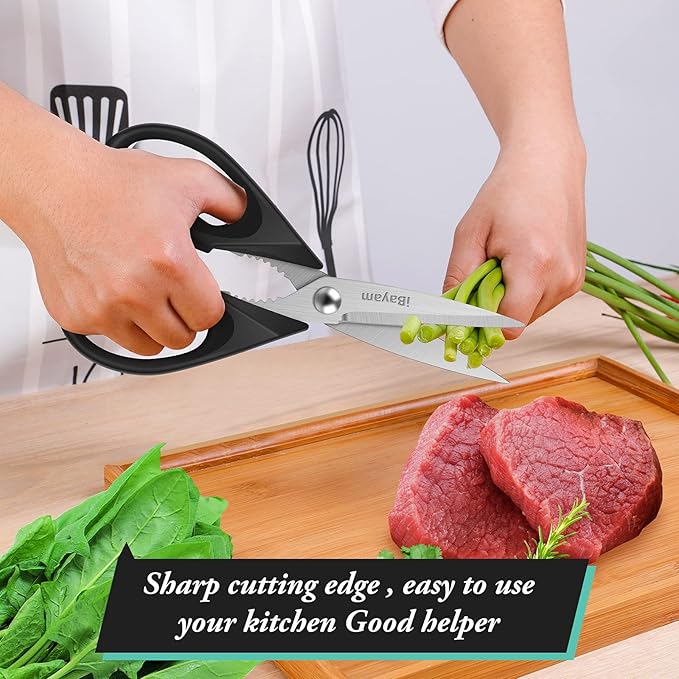 iBayam Black Kitchen Scissors - Heavy Duty Meat & Poultry Shears | Dishwasher Safe Stainless Steel Utility Scissors, 2-Pack Black Kitchen Utensils Set for New Home Essentials, Bottle Opener