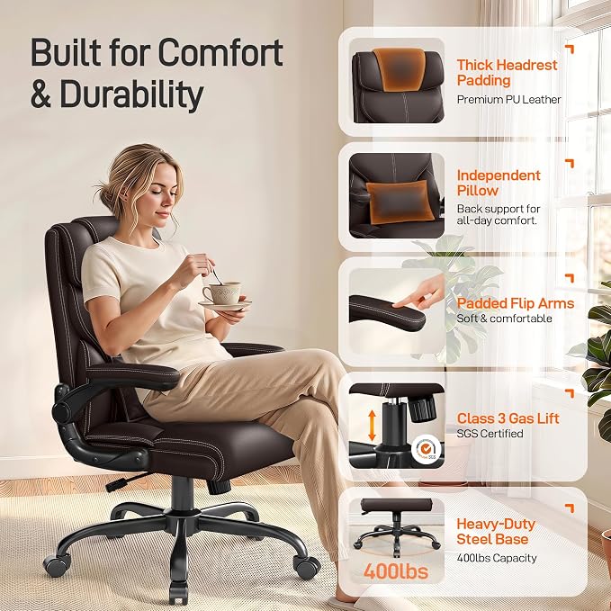 Office Chair, Executive Mid-Back Computer Desk Chair with Flip-up Armrests | 300 Lbs Ergonomic Leather Swivel PC Chair with Rock Function for Working Studying (Coffee)