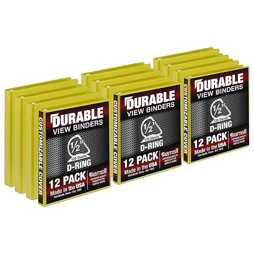Samsill Durable 0.5 inch 3 Ring Binder, D Ring Binder, 100% Recycled Chipboard, Yellow, 12 Pack