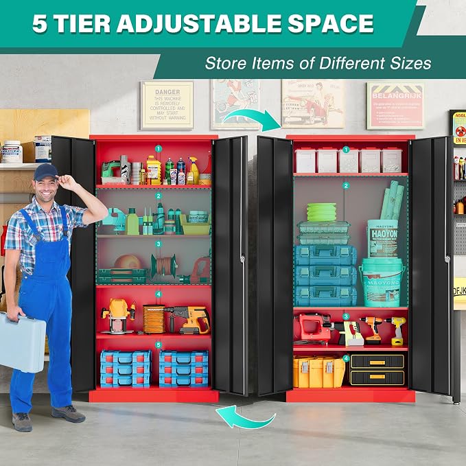Red Metal Storage Cabinet with Locking Doors and Shelves,Garage Storage Cabinet with Lock,Steel Locker,Lockable Cabinets for Home,Office,Shop,Garage Cabinets