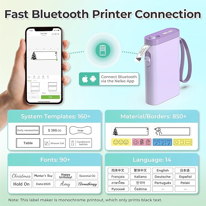 Nelko Label Maker Machine with Tape, P21 Bluetooth Label Printer, Wireless Mini Label Makers with Multiple Templates for School Office Home, Purple