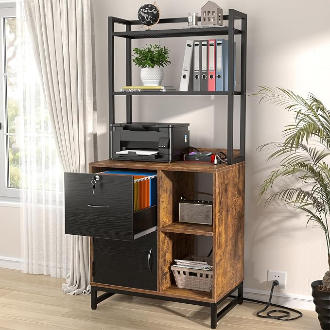 Vertical Filing Cabinet with Bookshelf, Rustic Brown | File Cabinet with Shelves, Lock & Charging Station, Drawer Office File Cabinets with Printer Stand, fits Letter Size
