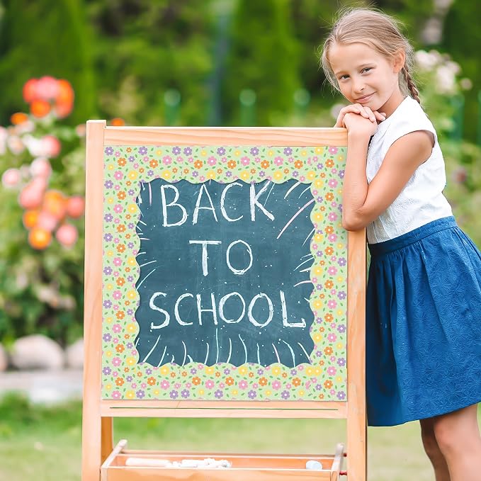 BeYumi Spring Floral Border Trim - 65ft Spring Floral Scalloped Rolled Border Trim Daisy Flower Green Bulletin Board Set Back to School Classroom Office Chalkboard Decor Springtime Party Decoration