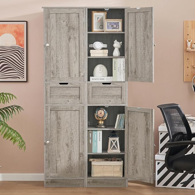 Iwell 67" Tall Bathroom Cabinet with Adjustable Shelves & 1 Drawer, Storage Cabinet with 2 Doors, Narrow Tall Cabinet, Floor Cabinet for Bathroom, Living Room, Home Office, Grey