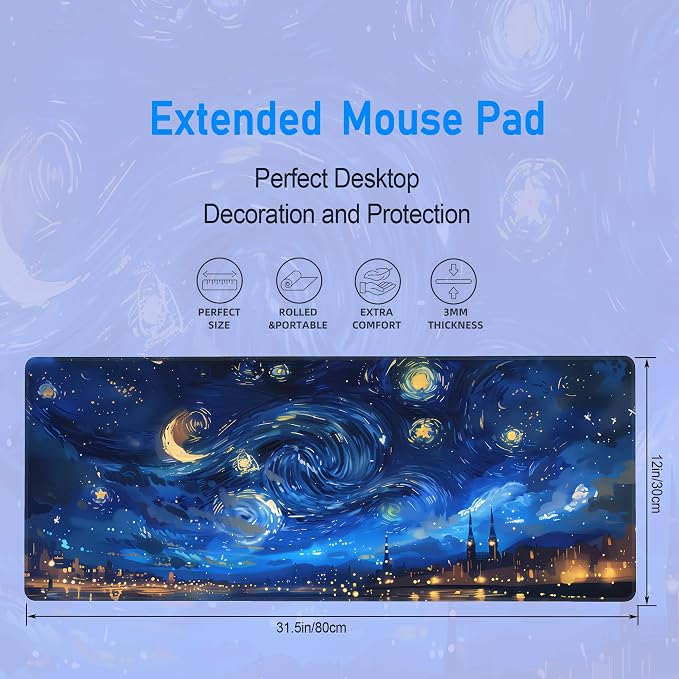 Starry Night Desk Mat,Large Van Gogh Art Gaming Mouse Pad,31.5x12 in | Blue Night Sky Moon Aesthetics Mousepad,XL Extended Desk Decor Deskmat,Soft Micro Woven Cloth Keyboard Pad,80 x 30 cm