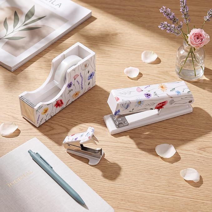 Eaasty Floral Stapler and Tape Dispenser Set for Women, Wildflower | Cute Office Supplies Set with 2 Tape Rolls, Staple Remover and 1000pcs 24/6 Staples, Teacher Desk Accessories for Women
