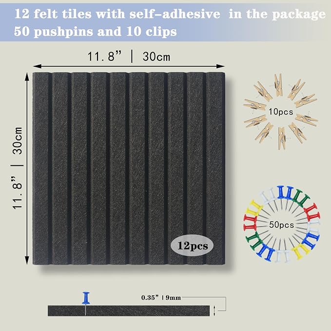 YOUDEFUL 47" x 35" Large Felt Bulletin Board, Black | 12 Pcs Self-Adhesive Cork Board Alternative, Pin Boards for Wall Decor, Home, Office, Classroom,Dorm