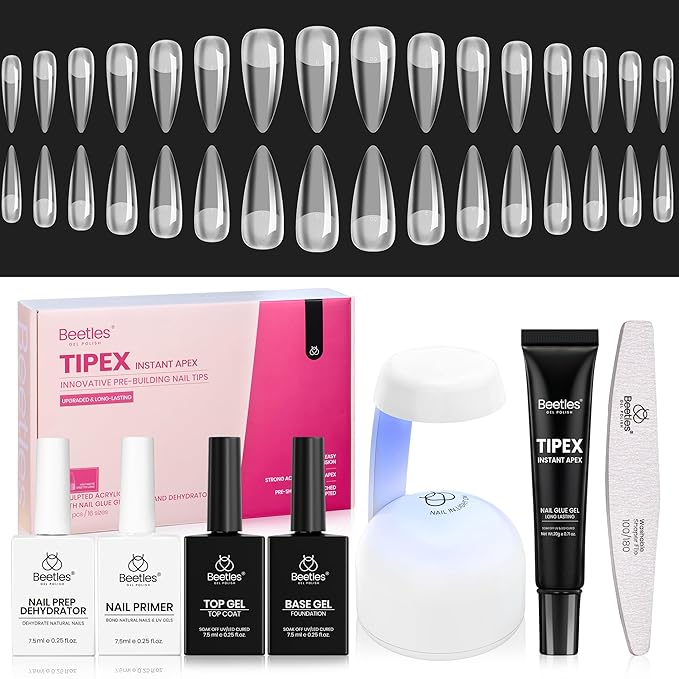 Beetles Tipex Instant Apex Nail Tips Kit with Dehydrator & Primer, Long Stiletto, 224PCS 16 Sizes, Reinforced Apex for Strong Long-Lasting Wear, 20g Solid Nail Glue, Mini UV Lamp, Base & Top Coat