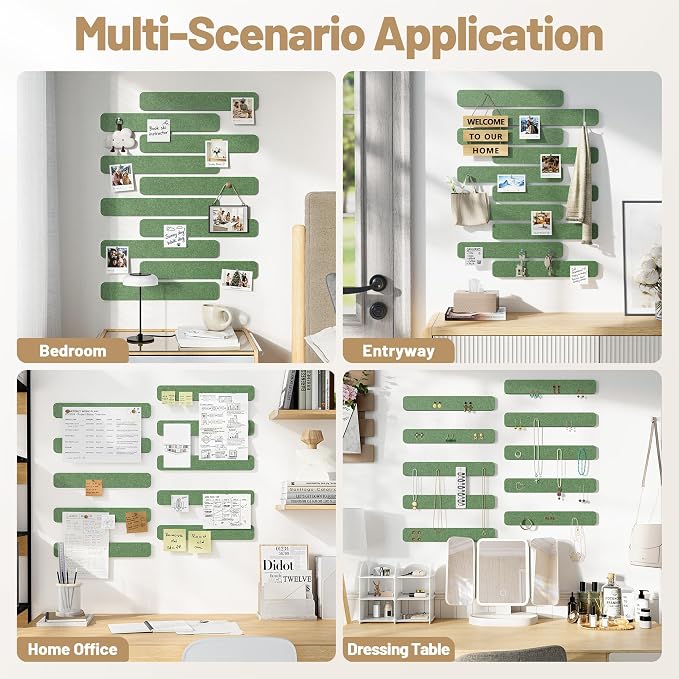 10 Pack 13"x2" Cork Board Strip with Removable Adhesive Squares & Push Pins | Pin Board Alternative Felt Strip Bulletin Board, Felt Board for Photo & Note Display, Home Office Decor - Moss Green