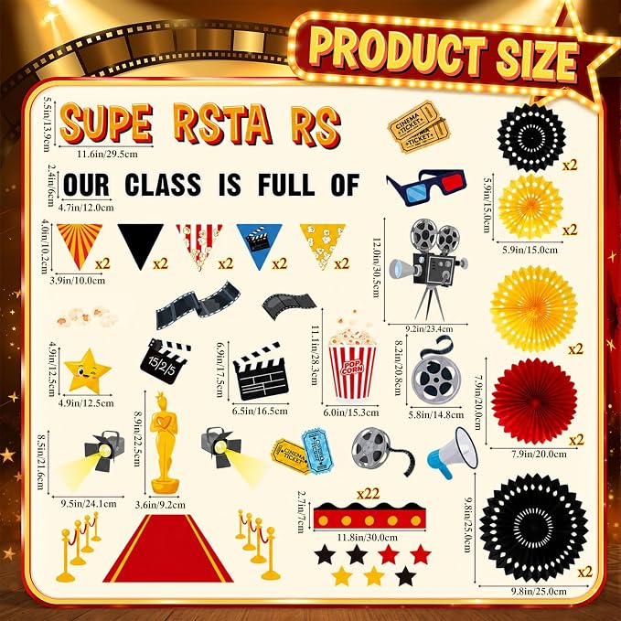 77 Pcs Movie Bulletin Board Decorations with Paper Fans 3D Movie Night Classroom Bulletin Board Superstars Popcorn Now Showing Sign Cutouts for Back to School Office Wall Door Decor Supplies