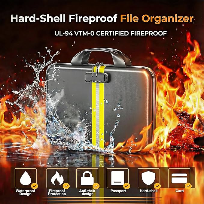 Fireproof Accordion File Organizer with Lock,Hard-Shell Fireproof Document Box with 13 Pockets for Certificates, Passports Laptop Important Documents Portable Home Office Travel Safe Storage