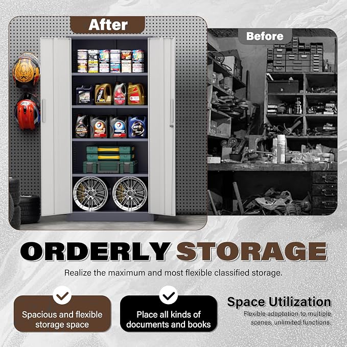 Incbruce 72” Metal Storage Cabinet, Garage Cabinets and Storage System with Doors and Shelves, Tall Lockable Tool Cabinet for Garage, Office, Home (Grey White)