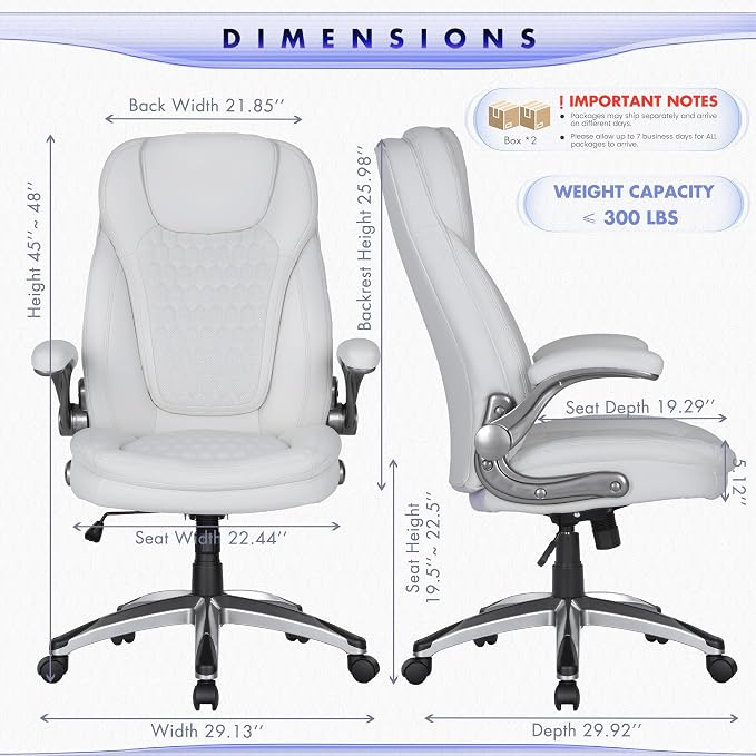 COLAMY High Back Executive Office Chairs Set of 2, Ergonomic PU Leather Desk Chairs with Flip-Up Armrests, Adjustable Height, Lumbar Support, Comfortable Computer Chairs for Home Office, White